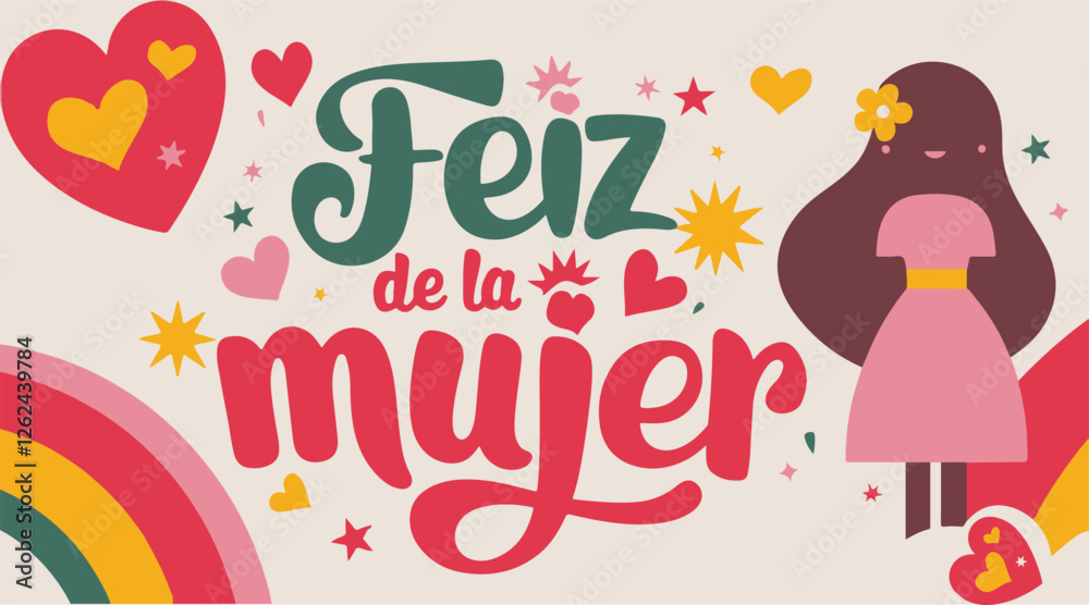 Obraz premium Feliz Día de la Mujer 8 de marzo calligraphy text in Spanish Happy Women's day hand lettering Isolated vector illustration for poster, greetings card, t shirt, tshirt trendy tee, invitation and print