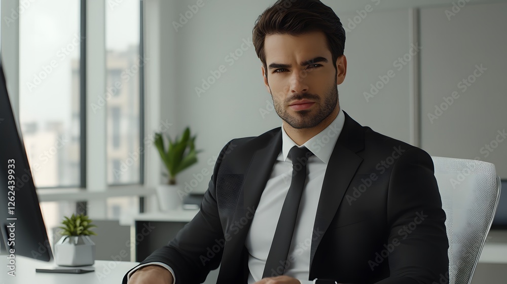 Young businessman exudes confidence at a modern desk, embodying professionalism and ambition Young businessman exudes confidence at a modern desk, embodying professionalism and ambition