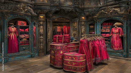 Ornate shop interior, red dresses, opulent d?cor, clothing display, fantasy setting