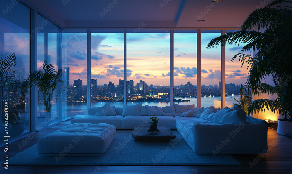 Fototapeta premium Contemporary city apartment with an open floor plan, offering spacious and modern urban living solutions.