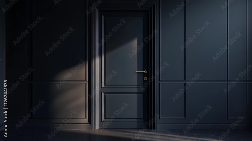 Dark room with closed black door and sunlight. Dark room with closed black door and sunlight.