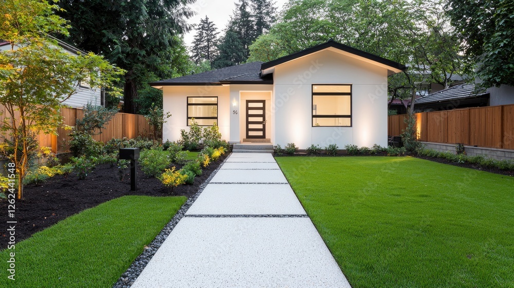 Fototapeta premium Modern house, landscaped yard, evening light, suburban setting, real estate listing