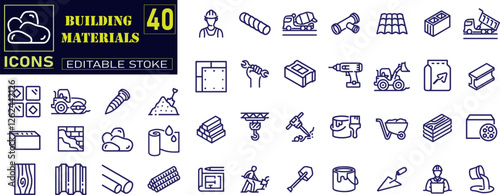 Set of outline icons related to building materials. Repair, Renovation, Work Tools, Materials .