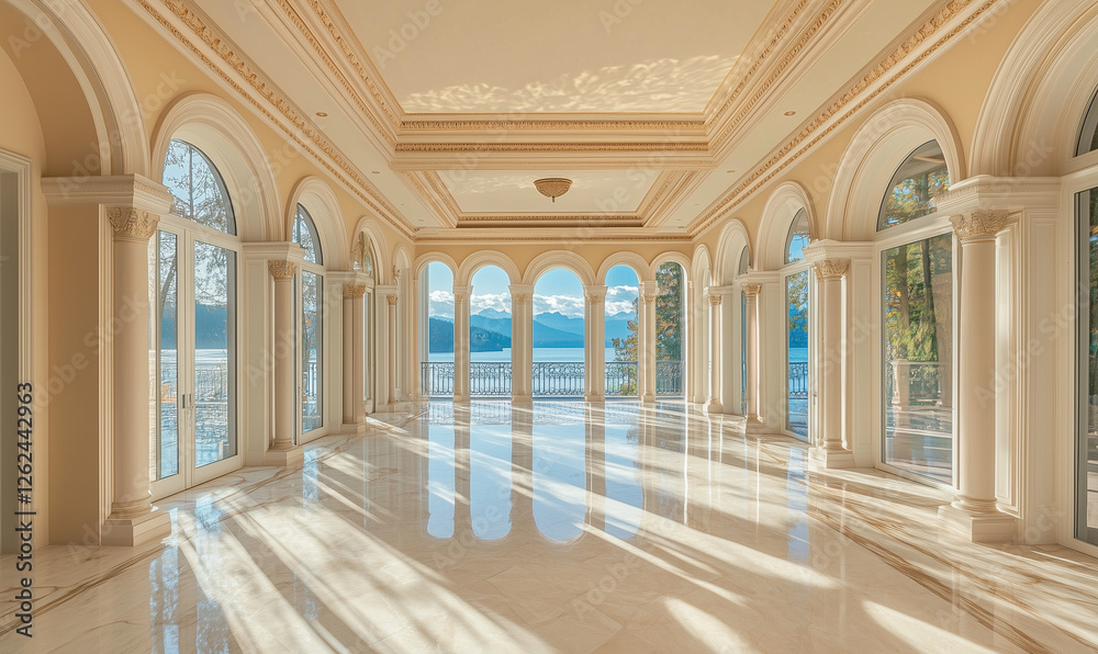 Fototapeta premium Spacious hallway with elegant marble floors and large windows, offering natural light and luxury