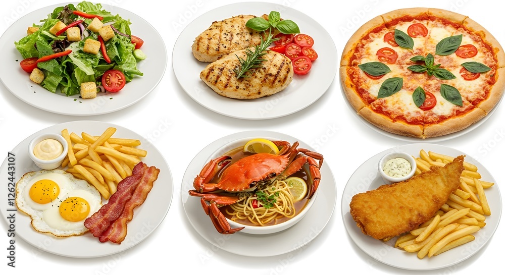 A variety of delicious dishes, including a fresh salad, grilled chicken with tomatoes, pizza with basil, eggs and bacon, seafood pasta with crab, and crispy fish and fries A variety of delicious dishes, including a fresh salad, grilled chicken with tomatoes, pizza with basil, eggs and bacon, seafood pasta with crab, and crispy fish and fries