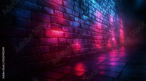 Vibrant neon lighting reflects off a wet brick wall, creating an atmospheric and moody urban scene for backgrounds or concepts related to nightlife. photo