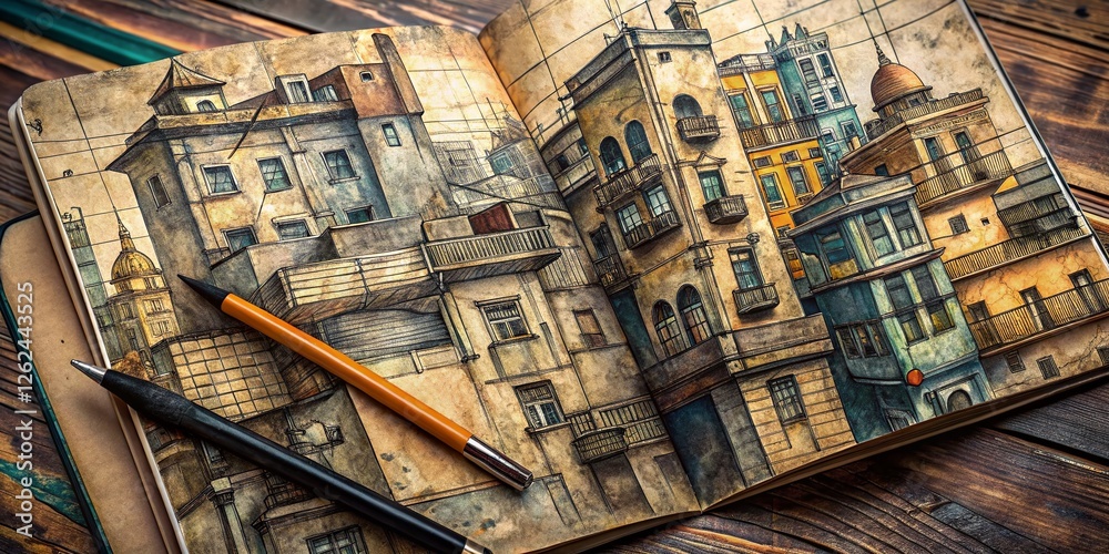 Fototapeta premium Urban Exploration Sketchbook: Repeating Pattern Background Detailed Drawing Journal Page Stock Photo
