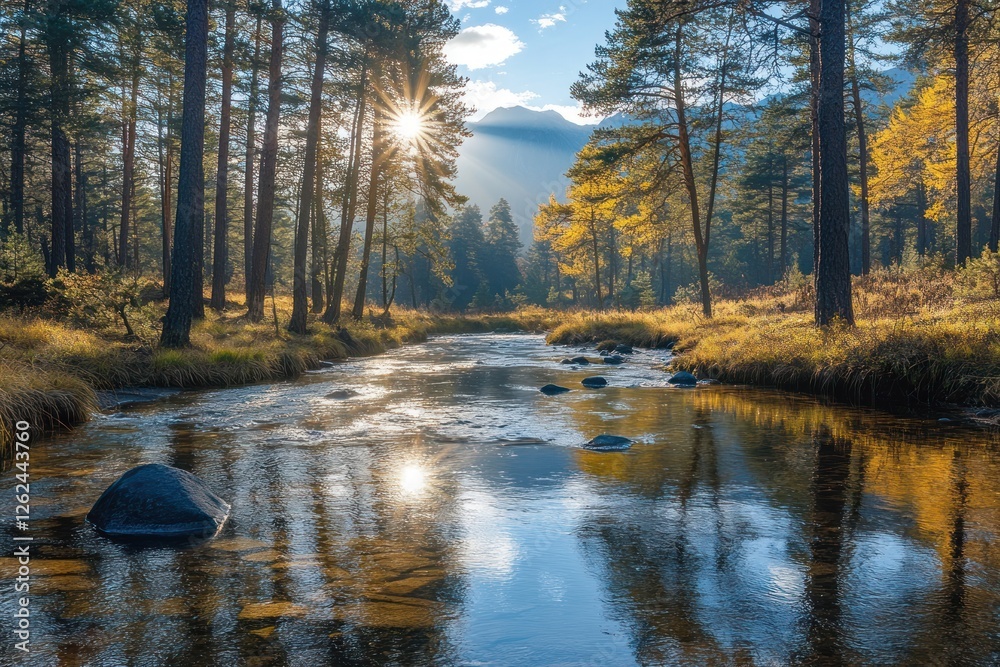 Obraz premium Golden Hour Serenity: Autumnal River Reflection in Mountain Forest