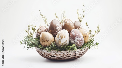 Elegant Easter Eggs Arranged in Decorative Basket with Floral Accents
