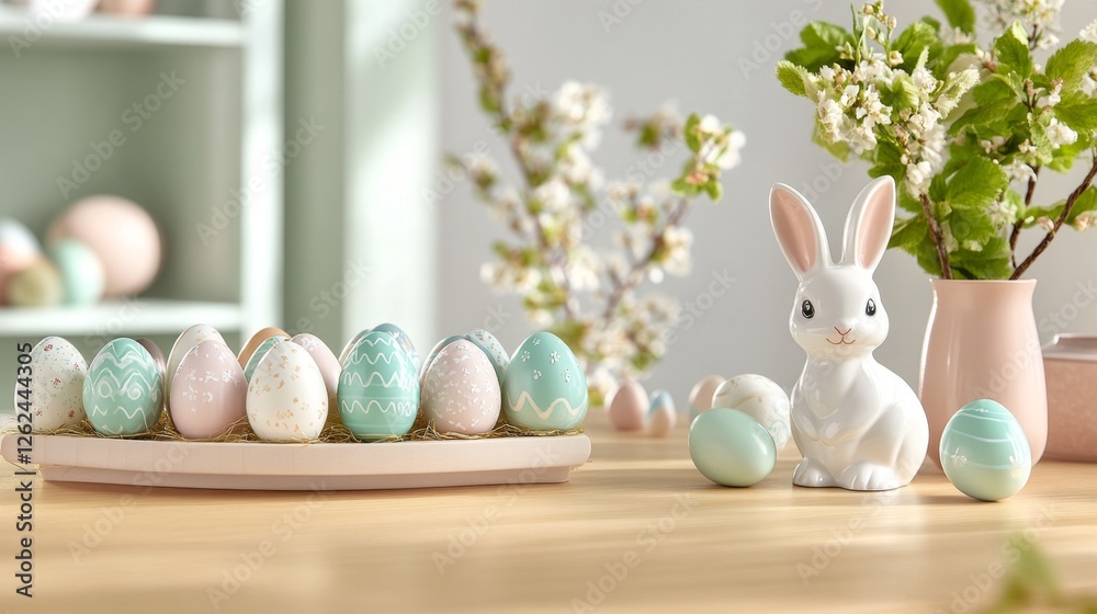 Festive Easter Scene with Decorative Chocolate Eggs and Bunny Figure Festive Easter Scene with Decorative Chocolate Eggs and Bunny Figure