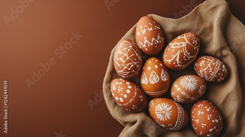 Hand Painted Easter Eggs Displayed on a Soft Fabric Background photo