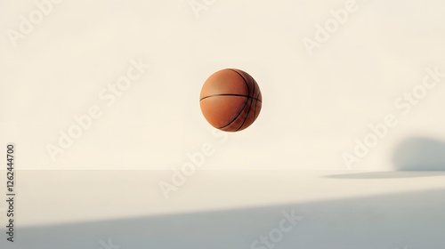 single basketball floating mid-air with clean white background and soft shadows, captured in minimalistic elegant design, focusing on the ball texture suspended motion for modern sports imagery. photo