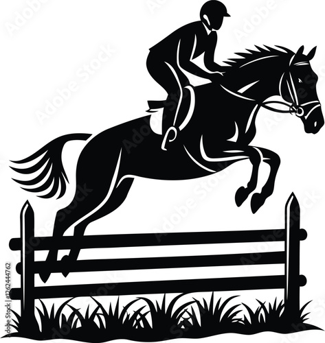 Horse and rider jumping over a wooden fence silhouette vector illustration, horse and rider jumping over a wooden fence line art vector with transparent background, 