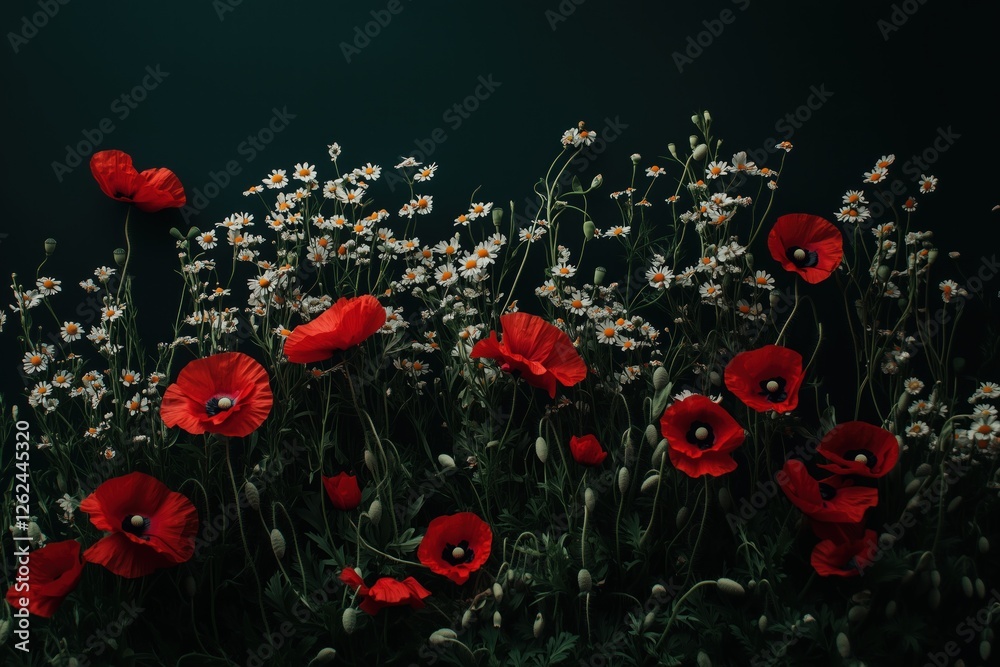 A field of red and white flowers with a dark background A field of red and white flowers with a dark background