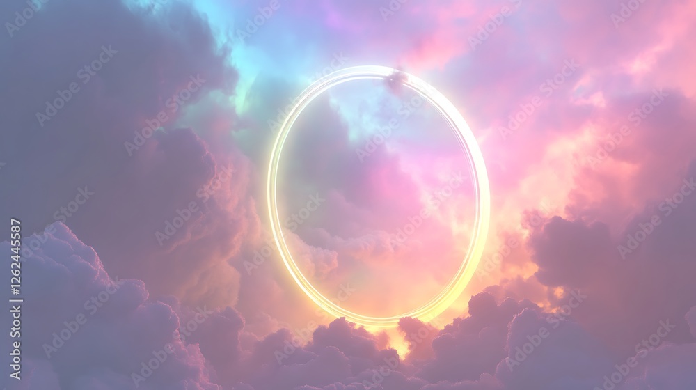 Glowing neon ring in pastel sky with clouds. Glowing neon ring in pastel sky with clouds.