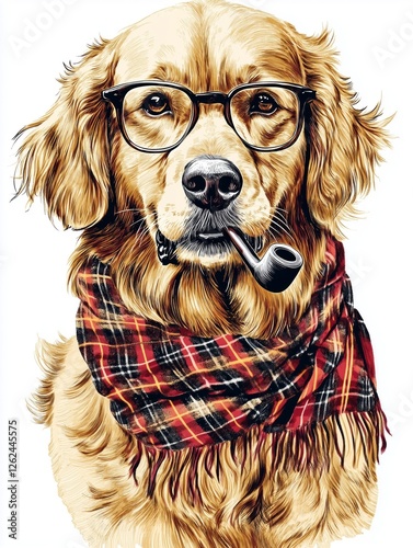 A dog wearing glasses and a scarf with a pipe in its mouth