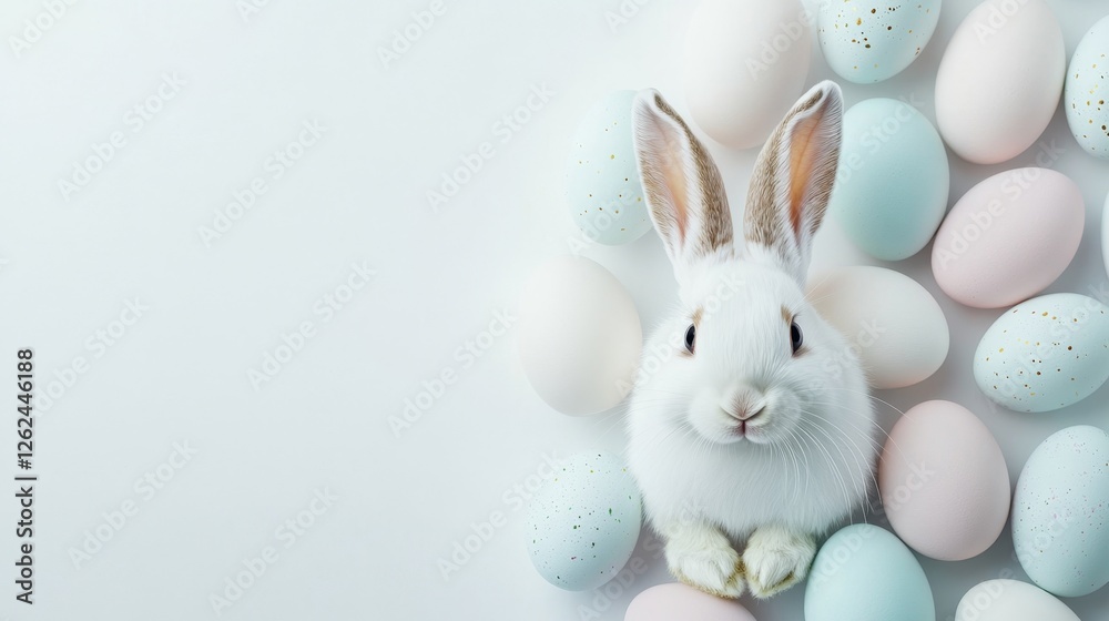 Obraz premium Happy Bunny Surrounded by Bright Pastel Easter Eggs on White Background