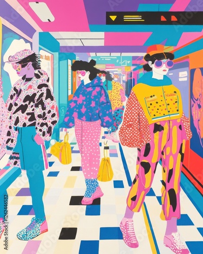 Vibrant 1980s train station bustling with colorful fashion and retro style in an urban setting photo