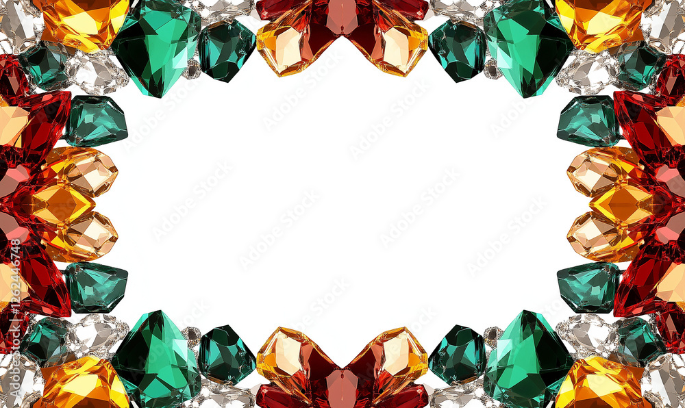 Fototapeta premium Bold gemstone-inspired border in emerald, ruby, and sapphire tones, perfect for artistic and luxurious designs.