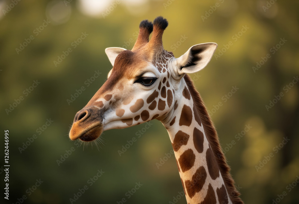 Close-up portrait of a giraffe with brown spots against green background Close-up portrait of a giraffe with brown spots against green background