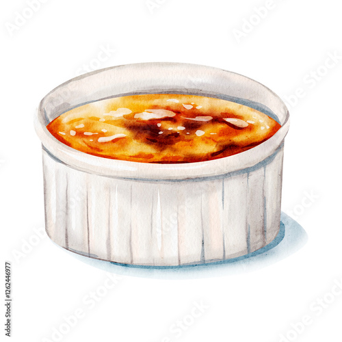 Watercolor Illustration of French Crème Brûlée – Classic Custard Dessert Clip Art