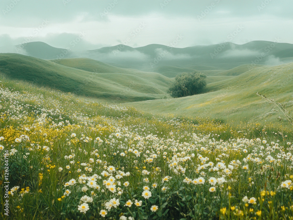 Obraz premium Soft Dreamy Easter Morning Landscape Filled With Wildflowers and Rolling Hills Under a Misty Sky