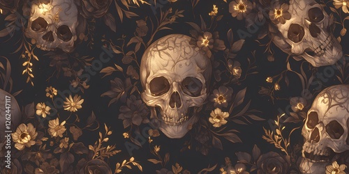 Seamless floral pattern with skull illustration wallpaper