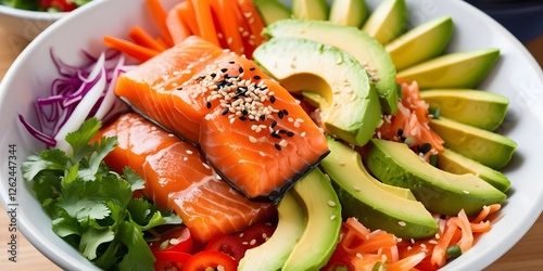 Vibrant Salmon Poke Bowl: Fresh avocado, carrots, sesame seeds, and more!  A healthy and delicious meal. photo