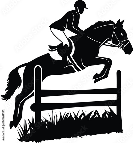 Horse and rider jumping over a wooden fence silhouette vector illustration, horse and rider jumping over a wooden fence line art vector with transparent background, 