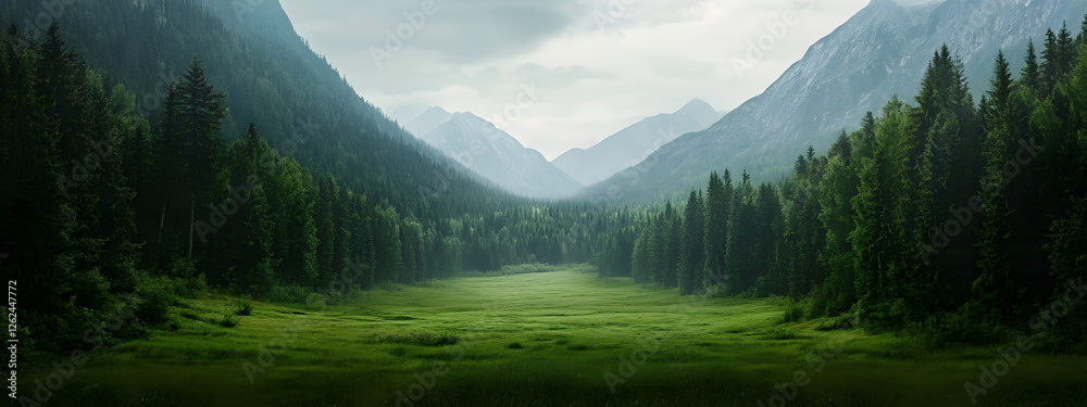 Naklejka premium A vast green meadow with dense pine forests, surrounded by misty mountains