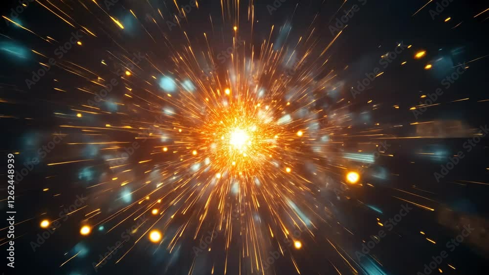Explosive burst of light and energy in a cosmic setting with glowing particles and rays extending outward Explosive burst of light and energy in a cosmic setting with glowing particles and rays extending outward