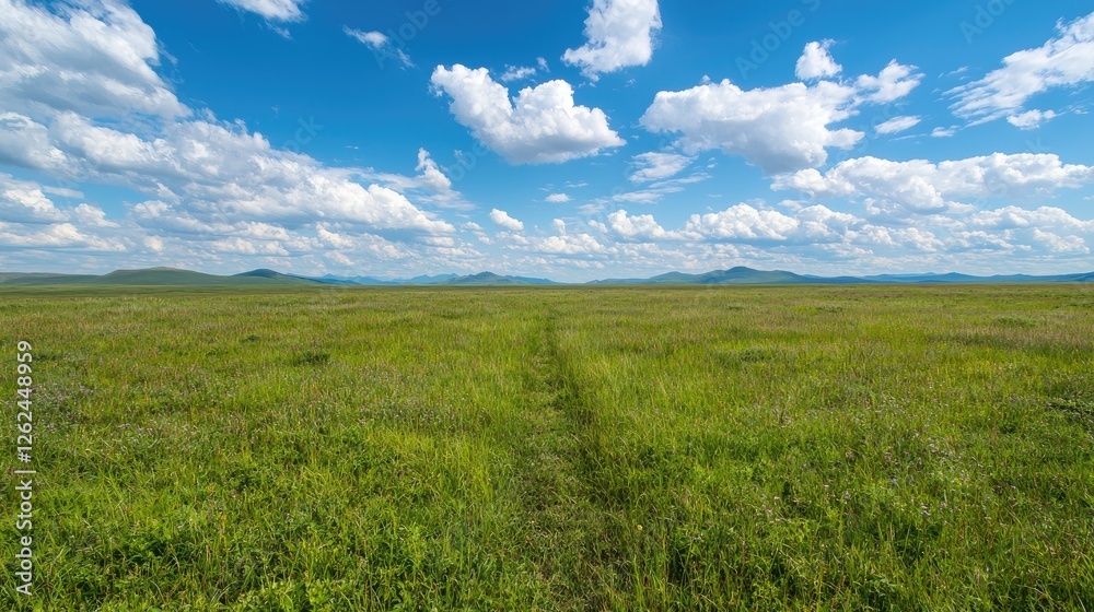 Path across vast grassy steppe under blue sky Path across vast grassy steppe under blue sky
