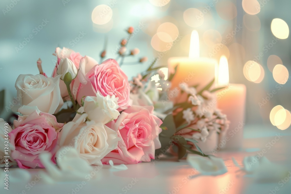 Invitation card. Roses with candles and romantic light. High quality photo Invitation card. Roses with candles and romantic light. High quality photo