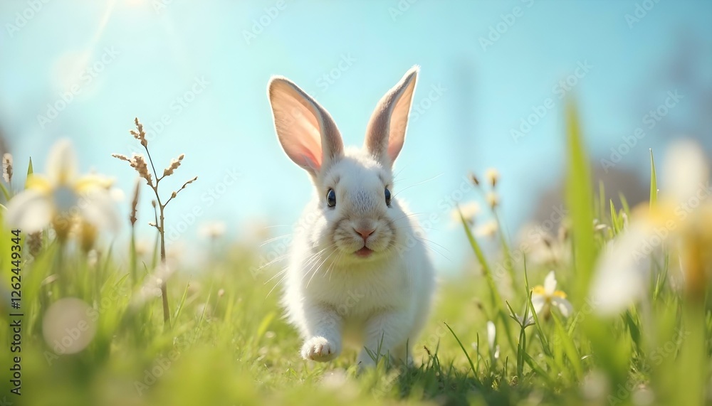 A white bunny explores a grassy field, representing the beauty of springtime and the Easter season A white bunny explores a grassy field, representing the beauty of springtime and the Easter season