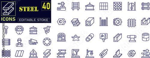 Set of outline icons related to steel. Linear icon collection.