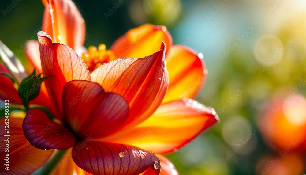 Orange-red flower. Flower covered with dew. Nature wallpaper. Orange-red flower. Flower covered with dew. Nature wallpaper.