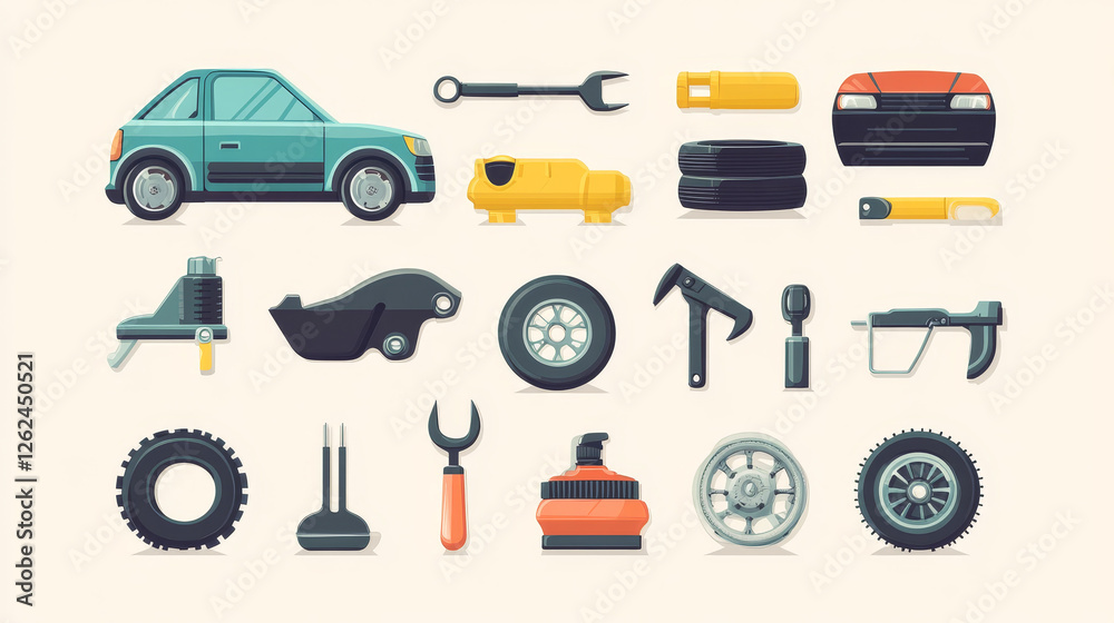 Auto parts and car accessories icons of car repair service and auto mechanic garage. Motor oil, tire, spanner or wrench, car seats, wiper and mirror, speedometer and filter badges or emblems vector Auto parts and car accessories icons of car repair service and auto mechanic garage. Motor oil, tire, spanner or wrench, car seats, wiper and mirror, speedometer and filter badges or emblems vector