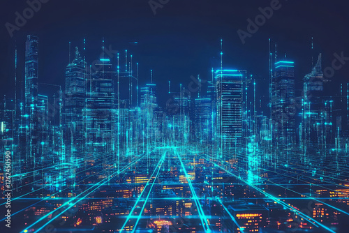 Futuristic smart city with glowing digital networks and high-tech infrastructure at night photo