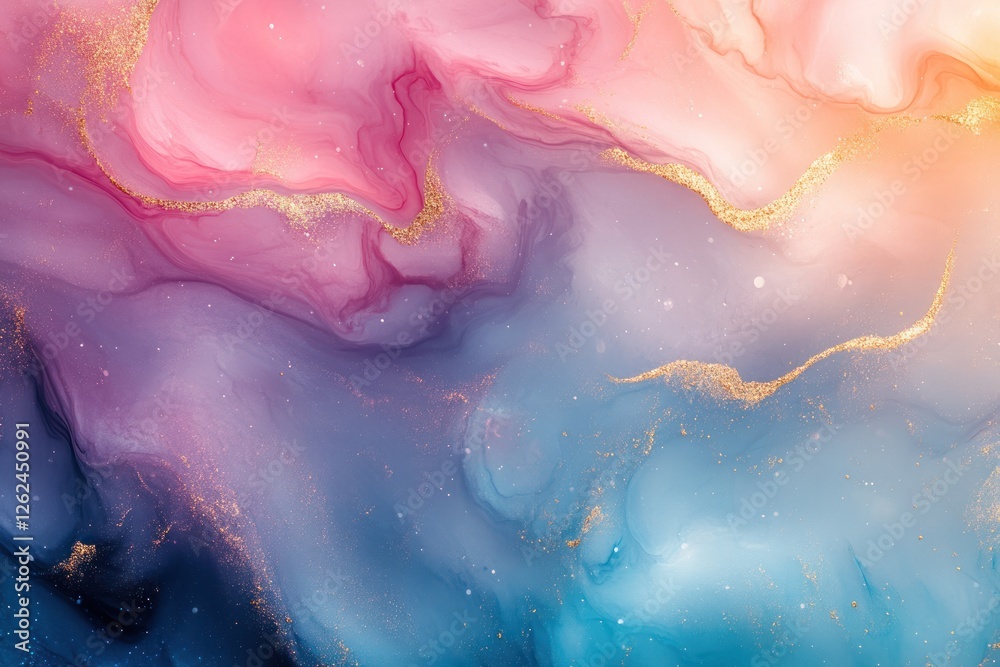 Fototapeta premium Abstract Fluid Art: Pink, Blue, and Gold Swirls