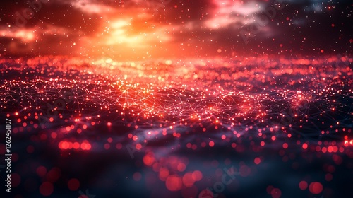 Red Network, Glowing Nodes, Abstract Background