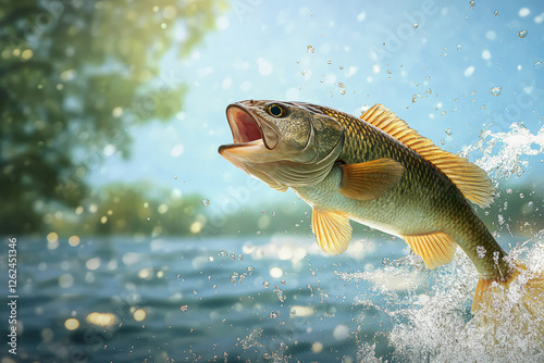 Dynamic action shot of a fish leaping out of the water with splashing droplets and a scenic nature background photo