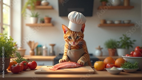 Chef Cat Cooking Fish