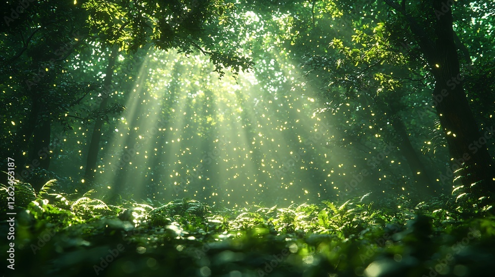 Obraz premium Magical Forest Sunbeams & Fireflies