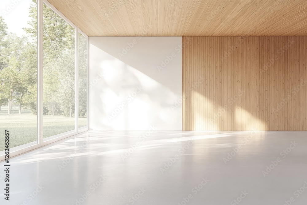 Obraz premium Empty modern wooden interior with garden view