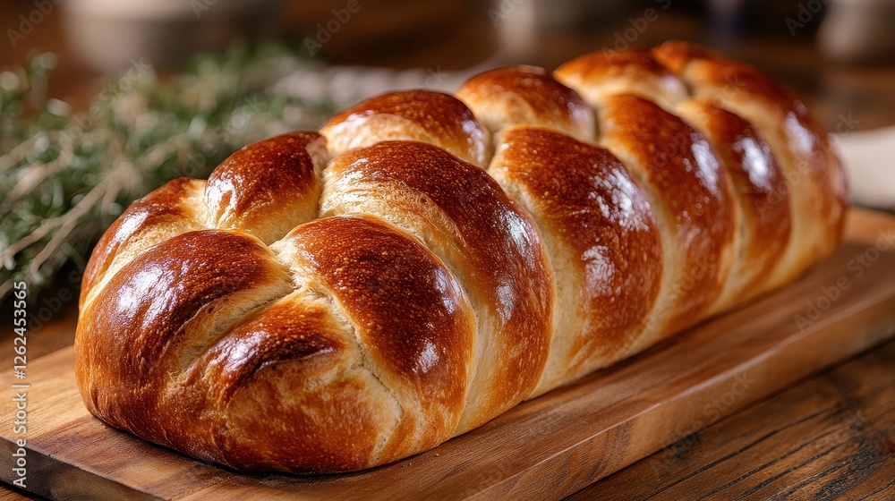 Golden Brown Crusty Artisan Challah Bread Loaf on Wooden Board Golden Brown Crusty Artisan Challah Bread Loaf on Wooden Board