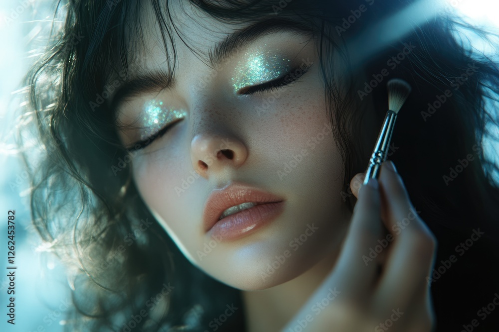 A young woman with teal glitter eyeshadow, her eyes closed, receives a makeup application. A young woman with teal glitter eyeshadow, her eyes closed, receives a makeup application.