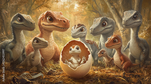 Prehistoric cartoon dinosaur animal characters with baby dino in eggshell. Vector jurassic metriorhynchus, amygdalodon, amurosaurus and neovenator, kotasaurus, oxalaia and lexovisaurus dinosaurs set photo