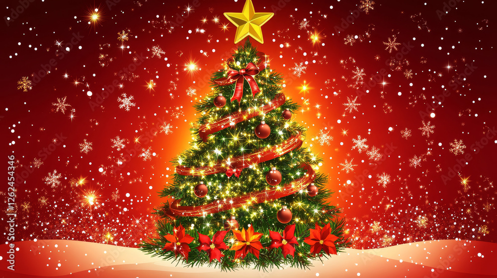 Christmas sale poster for winter holiday seasonal shop offer for New Year gifts discount. Vector Christmas tree and golden stars decoration on lights garland, snowflakes and holly wreath for gift sale Christmas sale poster for winter holiday seasonal shop offer for New Year gifts discount. Vector Christmas tree and golden stars decoration on lights garland, snowflakes and holly wreath for gift sale