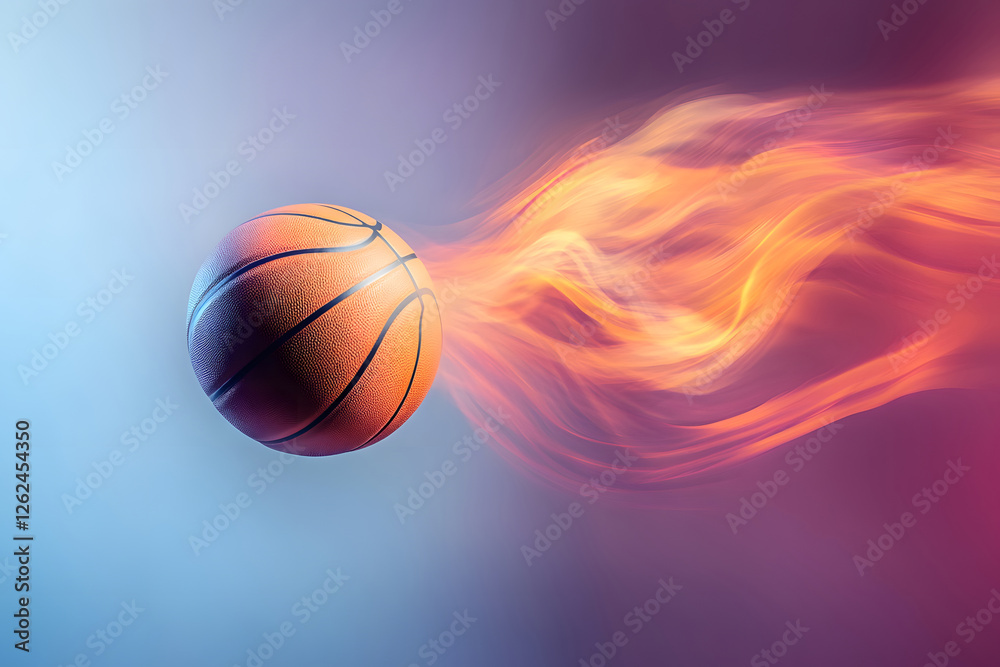 Obraz premium dynamic mid-air shot basketball spinning with motion blur effect, captured under vibrant studio lighting, perfect for showcasing high-speed action and athletic performance in sports.