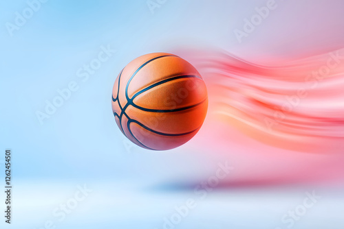 dynamic mid-air shot basketball spinning with motion blur effect, captured under vibrant studio lighting, perfect for showcasing high-speed action and athletic performance in sports.